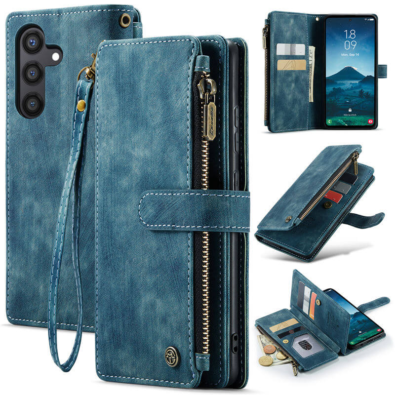 CaseMe Samsung Galaxy S24 Wallet kickstand Case with Wrist Strap Blue - Click Image to Close