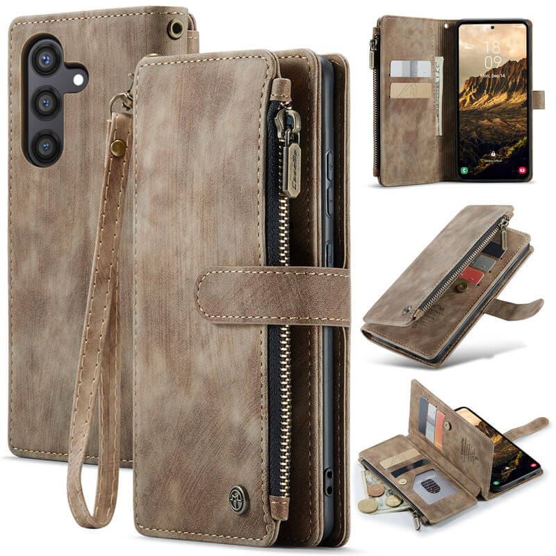 CaseMe Samsung Galaxy S24 Wallet kickstand Case with Wrist Strap Coffee - Click Image to Close