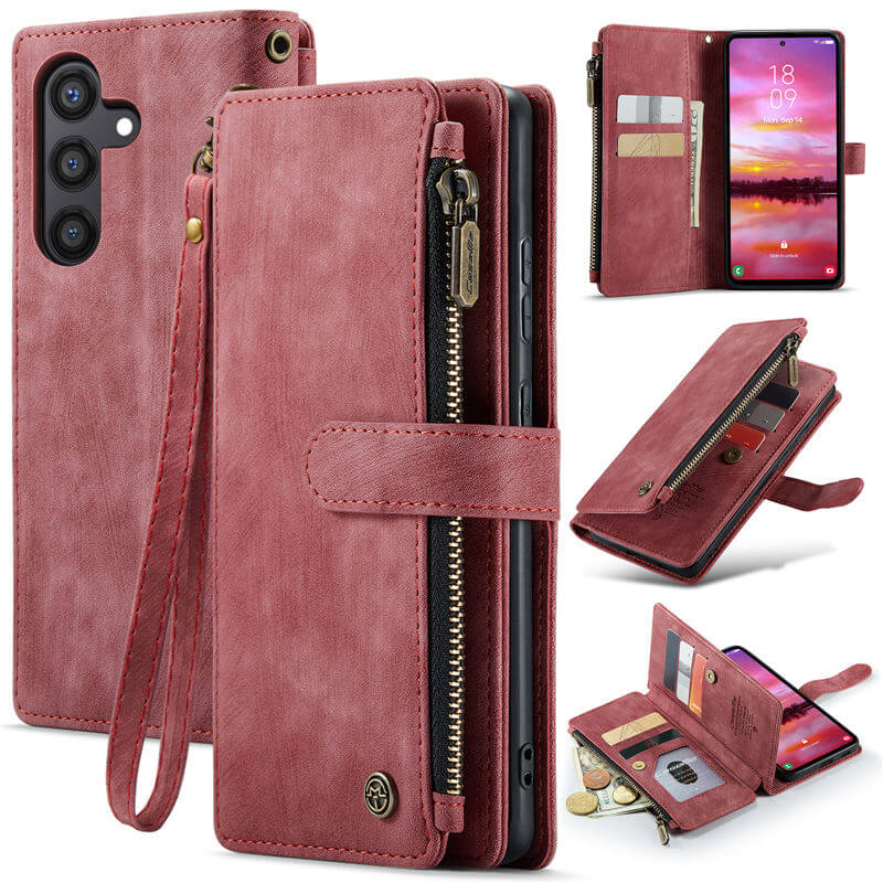 CaseMe Samsung Galaxy S24 Wallet kickstand Case with Wrist Strap Red - Click Image to Close