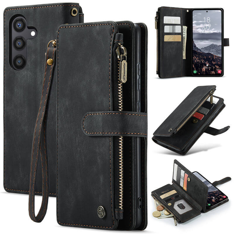 CaseMe Samsung Galaxy S24 Plus Wallet kickstand Case with Wrist Strap Black