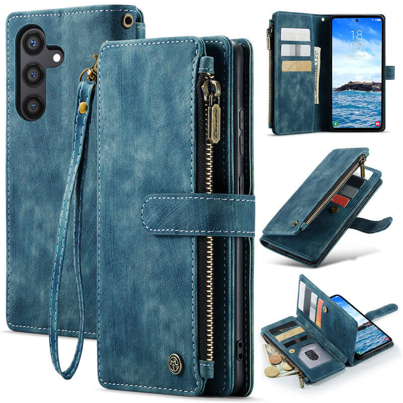 CaseMe Samsung Galaxy S24 Plus Wallet kickstand Case with Wrist Strap Blue