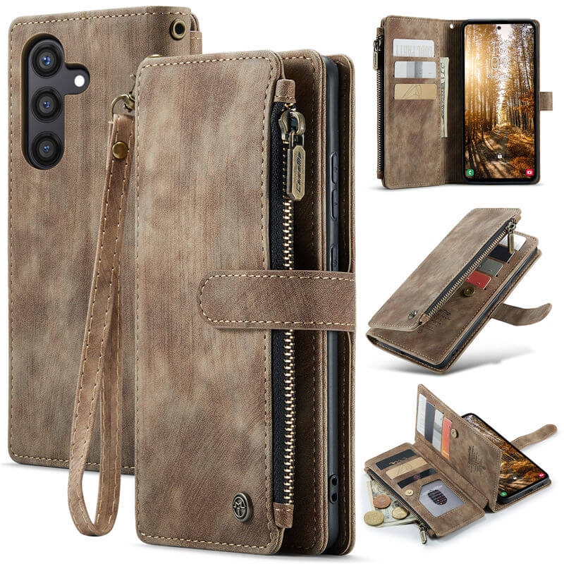CaseMe Samsung Galaxy S24 Plus Wallet kickstand Case with Wrist Strap Coffee - Click Image to Close