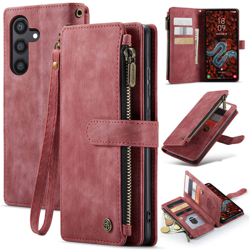 CaseMe Samsung Galaxy S24 Plus Wallet kickstand Case with Wrist Strap Red - Click Image to Close