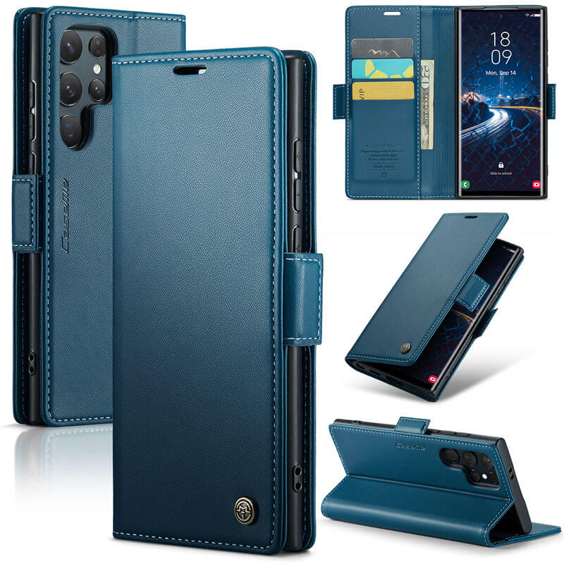 CaseMe Samsung Galaxy S24 Ultra Wallet RFID Blocking Magnetic Buckle Case Blue - Click Image to Close