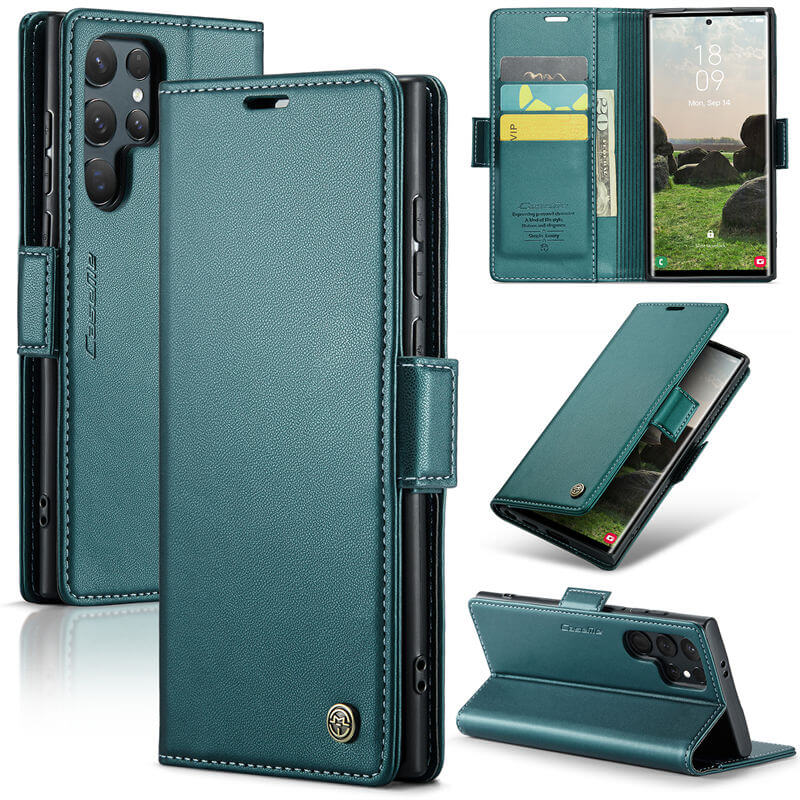 CaseMe Samsung Galaxy S24 Ultra Wallet RFID Blocking Magnetic Buckle Case Green - Click Image to Close