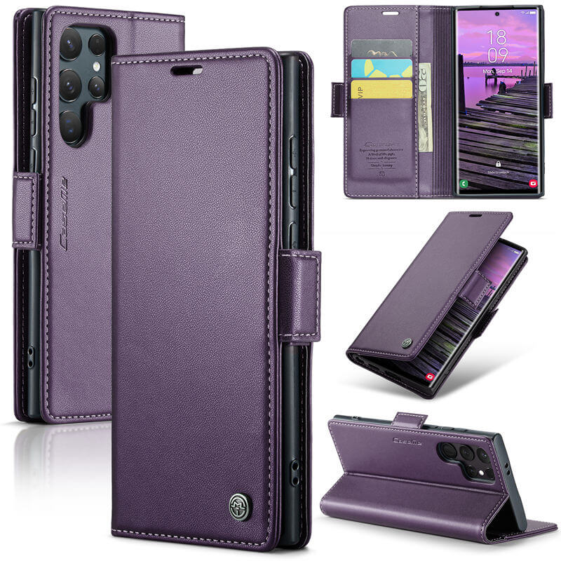 CaseMe Samsung Galaxy S24 Ultra Wallet RFID Blocking Magnetic Buckle Case Purple