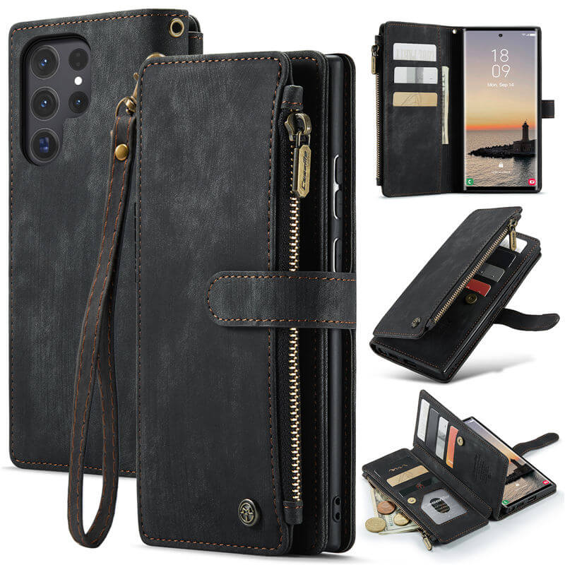 CaseMe Samsung Galaxy S24 Ultra Wallet kickstand Case with Wrist Strap Black - Click Image to Close
