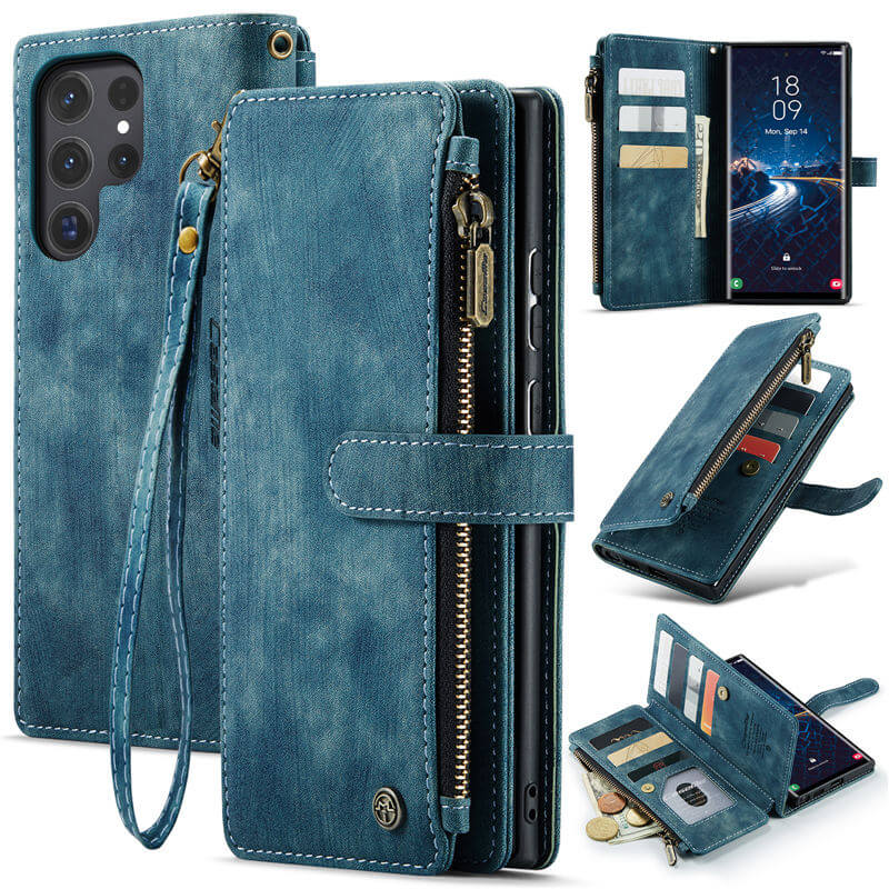 CaseMe Samsung Galaxy S24 Ultra Wallet kickstand Case with Wrist Strap Blue - Click Image to Close