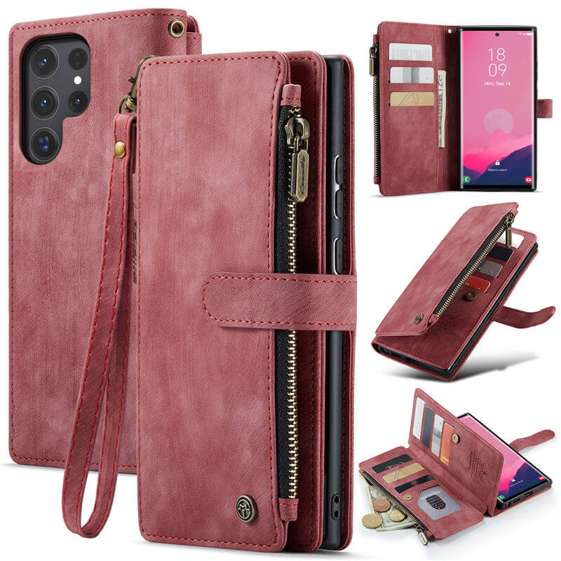 CaseMe Samsung Galaxy S24 Ultra Wallet kickstand Case with Wrist Strap Red - Click Image to Close
