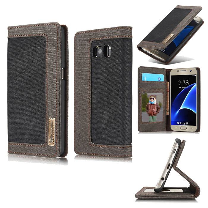 CaseMe Samsung Galaxy S7 Jeans Leather Stand Wallet Case Black