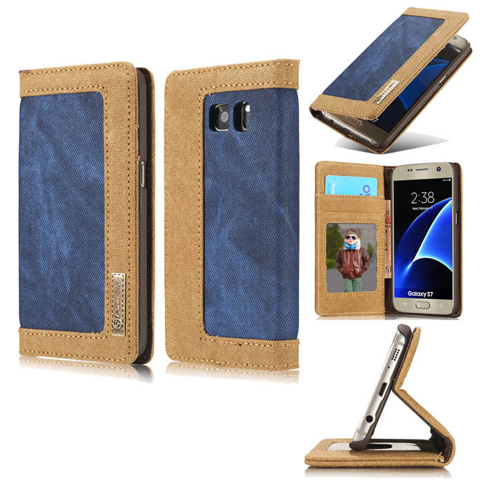 CaseMe Samsung Galaxy S7 Jeans Leather Stand Wallet Case Blue