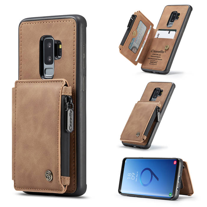 CaseMe Samsung Galaxy S9 Plus Zipper Pocket Card Slots Cover Brown