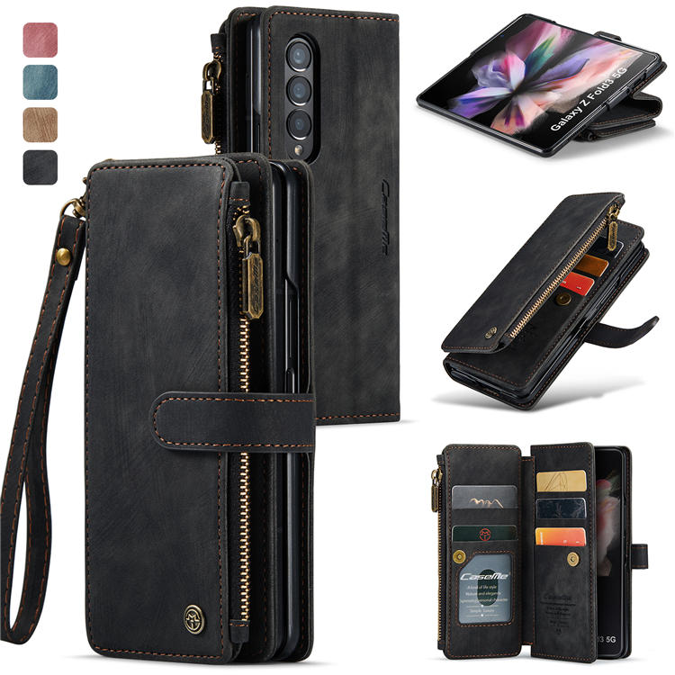 CaseMe Samsung Galaxy Z Fold3 5G Wallet Kickstand Magnetic Case with Wrist Strap Black