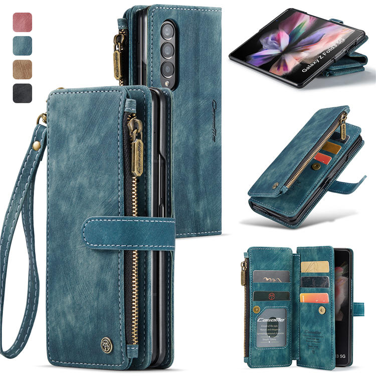 CaseMe Samsung Galaxy Z Fold3 5G Wallet Kickstand Magnetic Case with Wrist Strap Blue