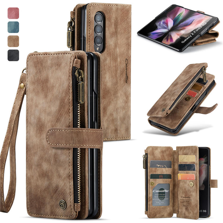 CaseMe Samsung Galaxy Z Fold3 5G Wallet Kickstand Magnetic Case with Wrist Strap Brown - Click Image to Close