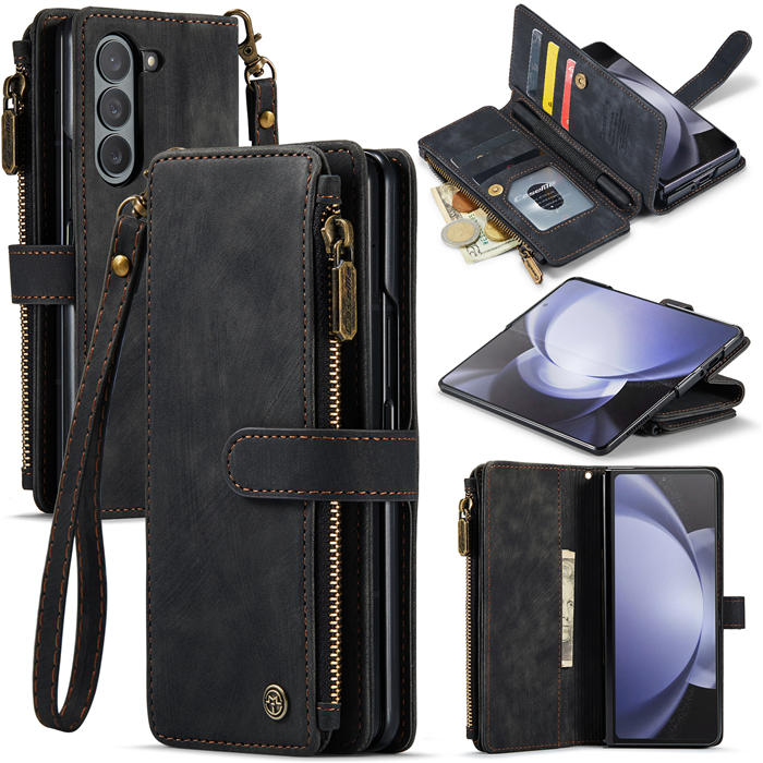 CaseMe Samsung Galaxy Z Fold5 Zipper Wallet Case with Wrist Strap Black - Click Image to Close