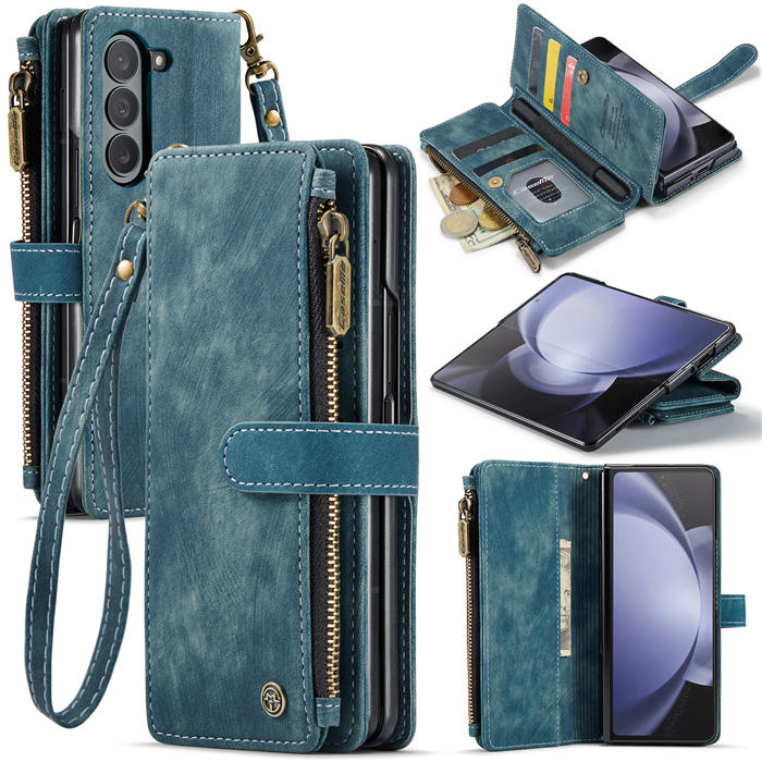 CaseMe Samsung Galaxy Z Fold5 Zipper Wallet Case with Wrist Strap Blue