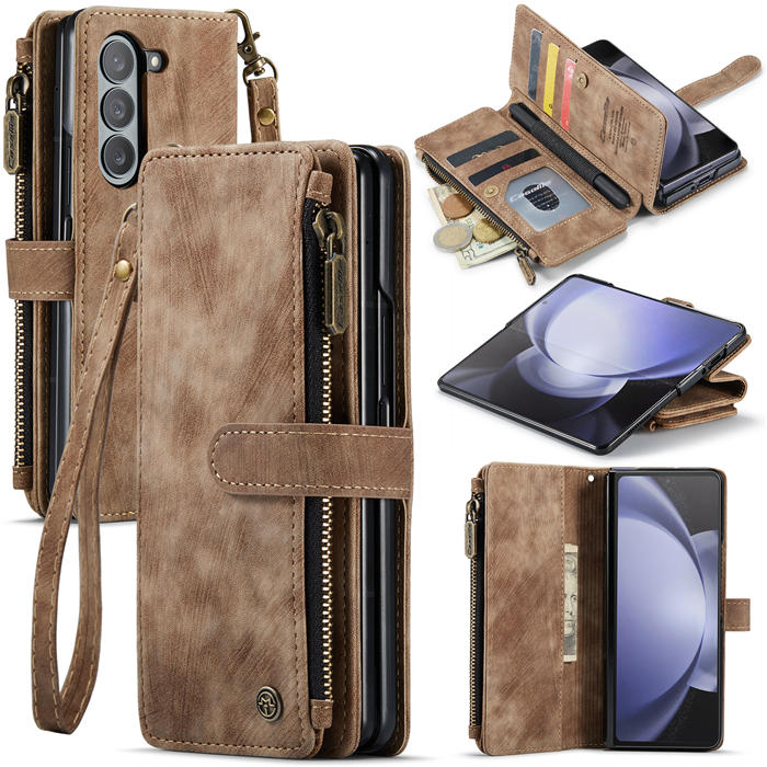 CaseMe Samsung Galaxy Z Fold5 Zipper Wallet Case with Wrist Strap Coffee