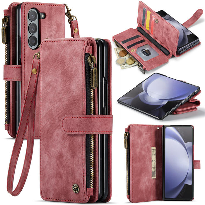 CaseMe Samsung Galaxy Z Fold5 Zipper Wallet Case with Wrist Strap Red - Click Image to Close