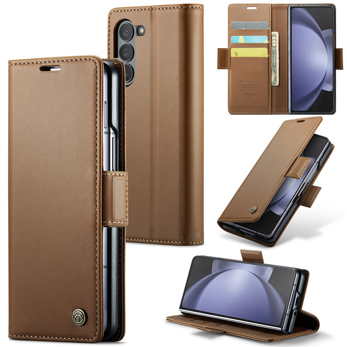 CaseMe Samsung Galaxy Z Fold5 5G Wallet RFID Blocking Magnetic Buckle Case Brown - Click Image to Close