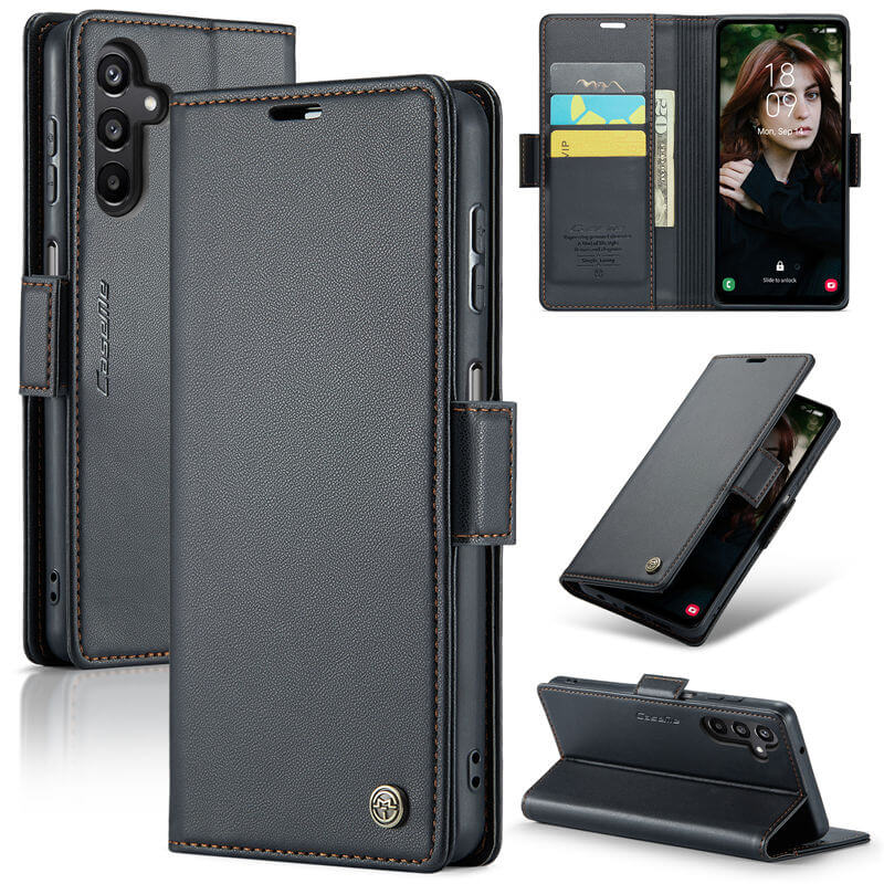 CaseMe Samsung Galaxy A15 Wallet RFID Blocking Magnetic Buckle Case Black - Click Image to Close