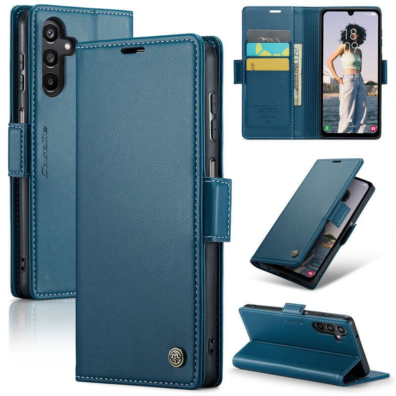 CaseMe Samsung Galaxy A15 Wallet RFID Blocking Magnetic Buckle Case Blue - Click Image to Close