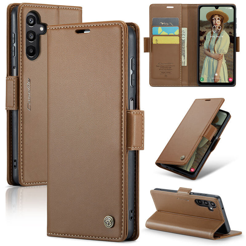 CaseMe Samsung Galaxy A15 Wallet RFID Blocking Magnetic Buckle Case Brown - Click Image to Close