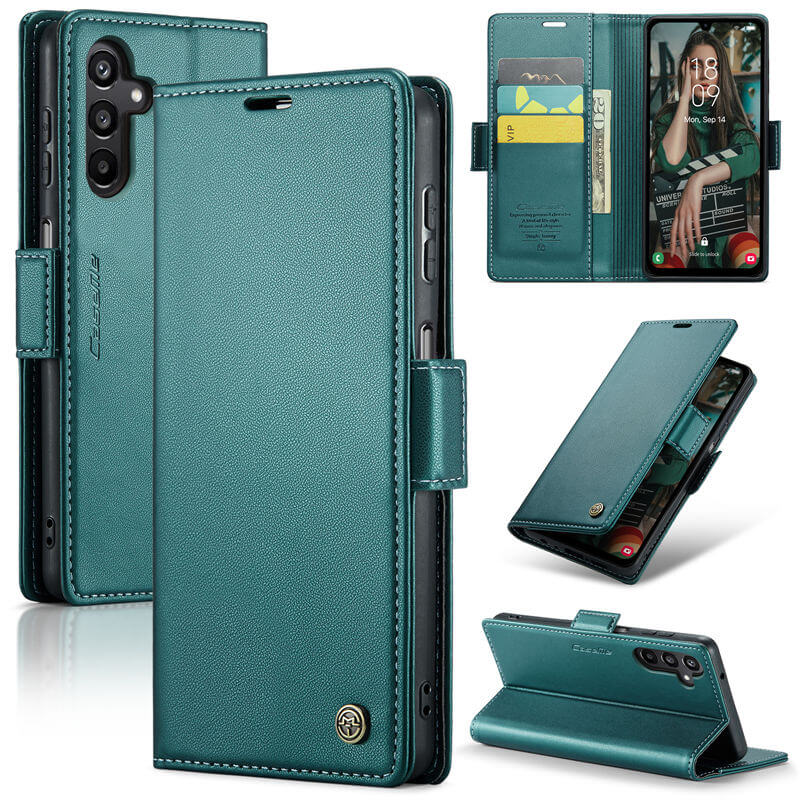CaseMe Samsung Galaxy A15 Wallet RFID Blocking Magnetic Buckle Case Green - Click Image to Close