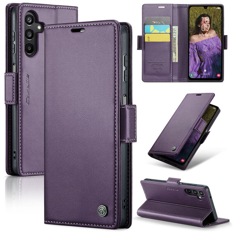 CaseMe Samsung Galaxy A15 Wallet RFID Blocking Magnetic Buckle Case Purple - Click Image to Close