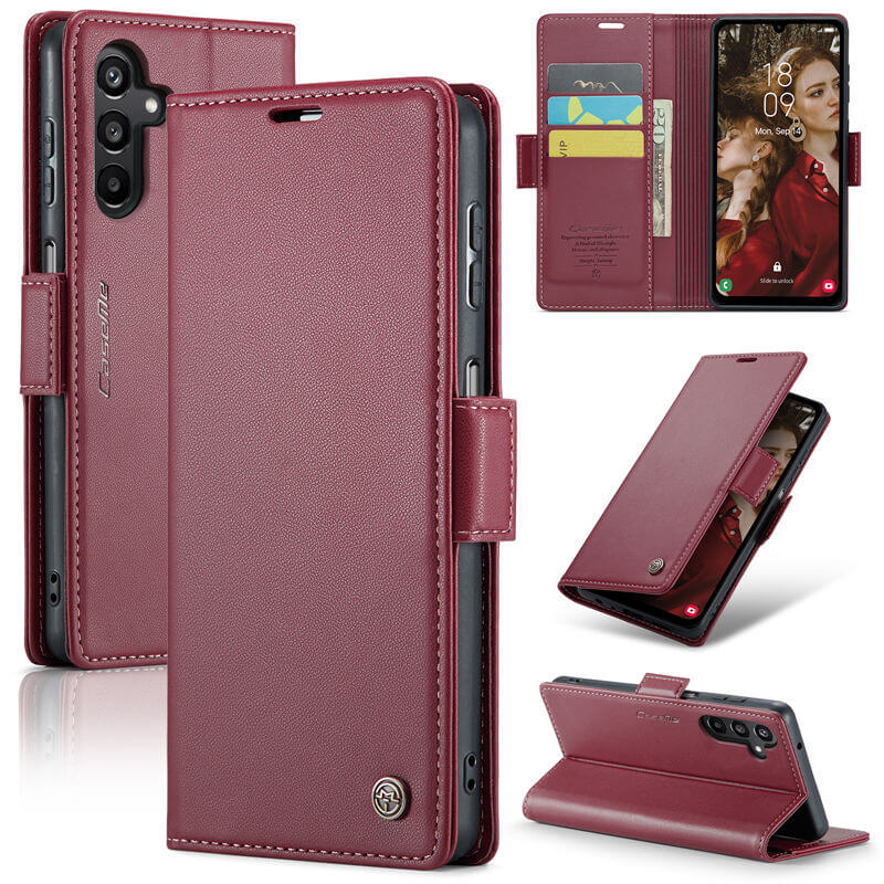 CaseMe Samsung Galaxy A15 Wallet RFID Blocking Magnetic Buckle Case Red - Click Image to Close
