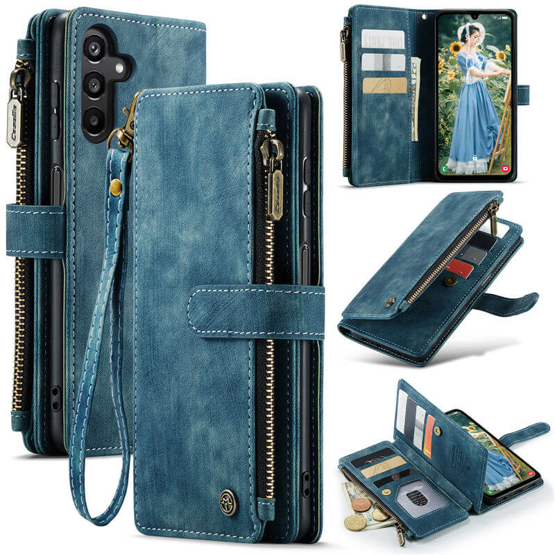CaseMe Samsung Galaxy A15 Wallet kickstand Case with Wrist Strap Blue