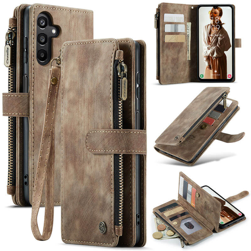 CaseMe Samsung Galaxy A15 Wallet kickstand Case with Wrist Strap Coffee - Click Image to Close