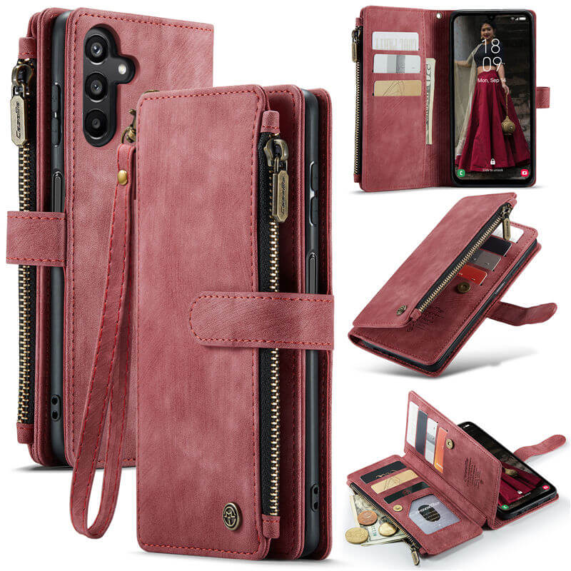 CaseMe Samsung Galaxy A15 Wallet kickstand Case with Wrist Strap Red - Click Image to Close