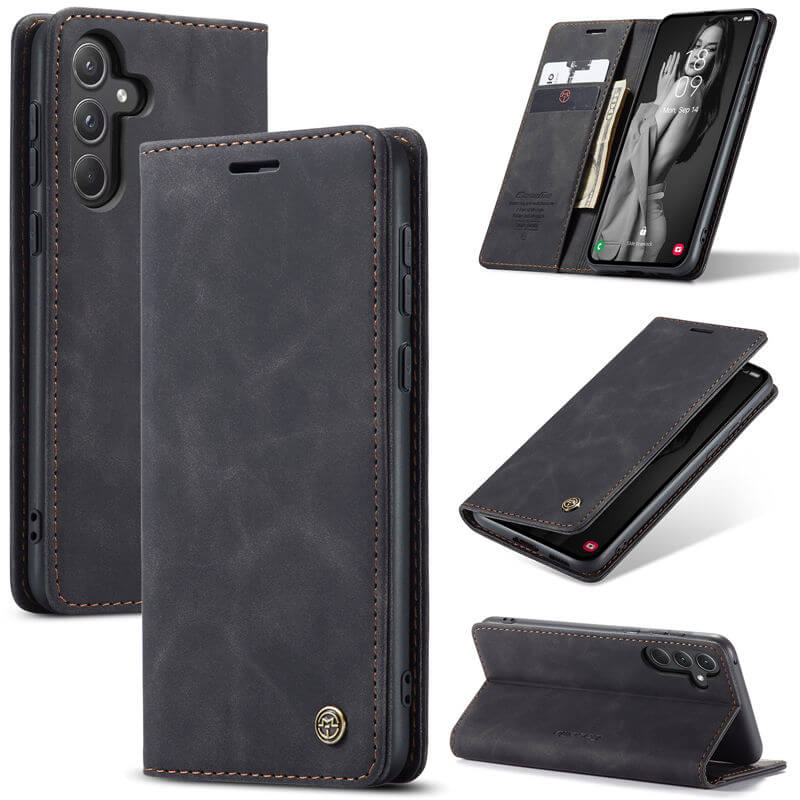 CaseMe Samsung Galaxy A55 Wallet Suede Leather Case Black - Click Image to Close