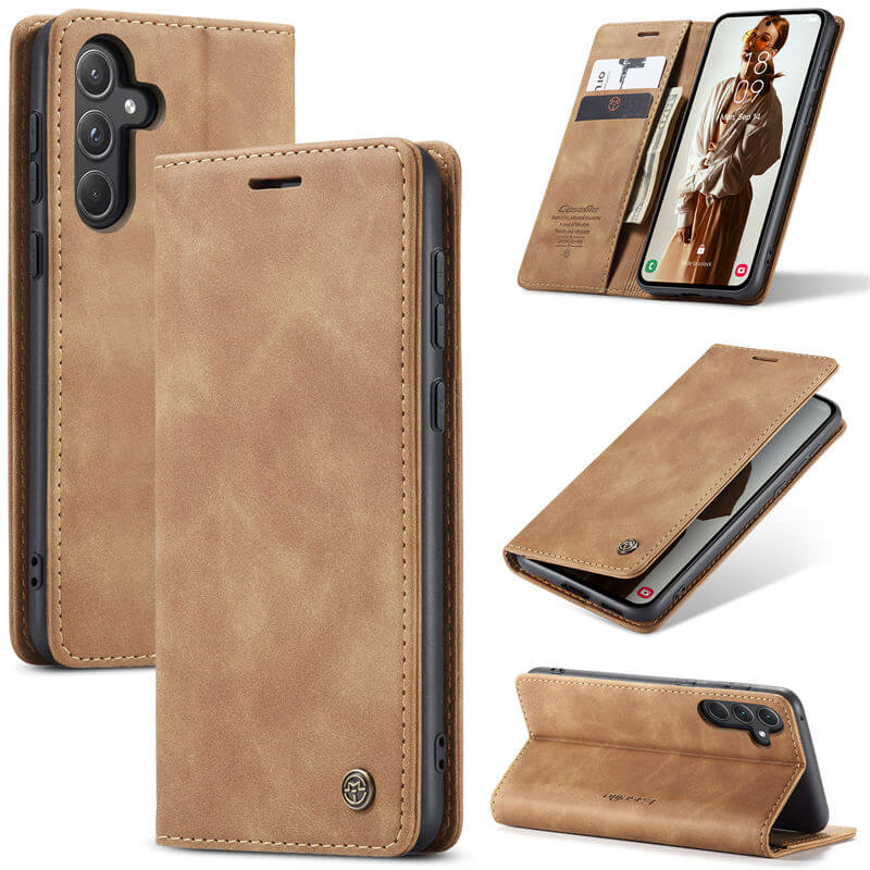 CaseMe Samsung Galaxy A55 Wallet Suede Leather Case Brown - Click Image to Close