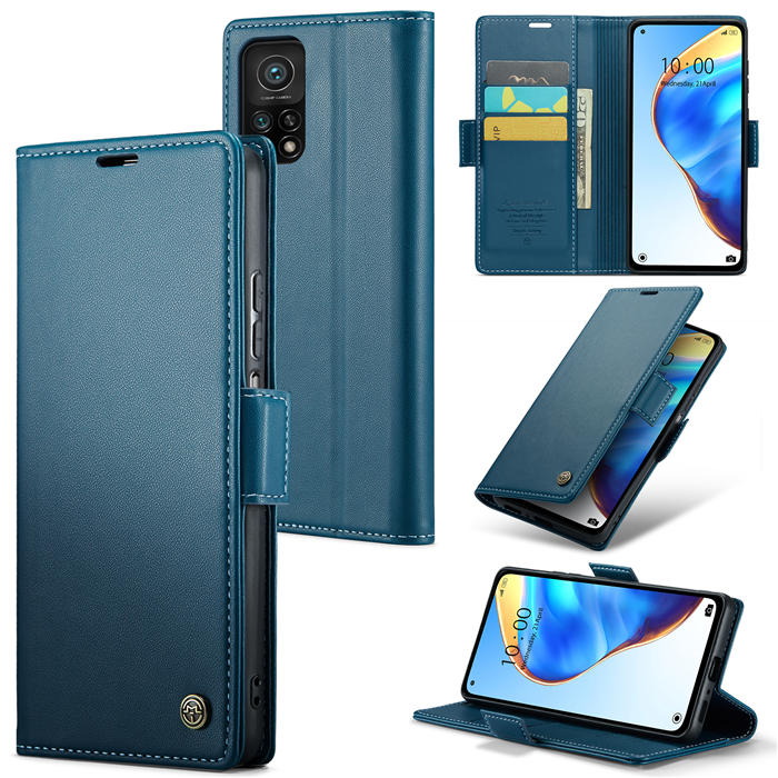 CaseMe Xiaomi 10T/10T Pro Wallet RFID Blocking Magnetic Buckle Case Blue
