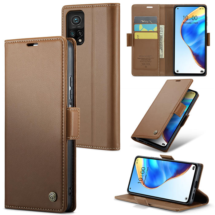 CaseMe Xiaomi 10T/10T Pro Wallet RFID Blocking Magnetic Buckle Case Brown