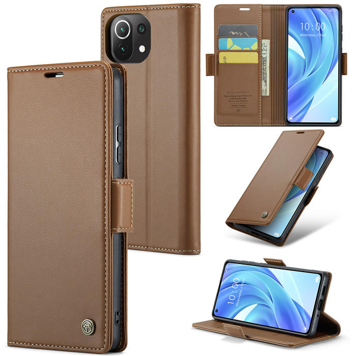 CaseMe Xiaomi 11 Lite Wallet RFID Blocking Magnetic Buckle Case Brown - Click Image to Close
