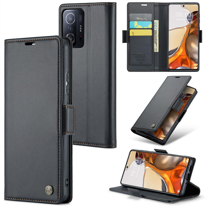 CaseMe Xiaomi 11T/11T Pro Wallet RFID Blocking Magnetic Buckle Case Black - Click Image to Close