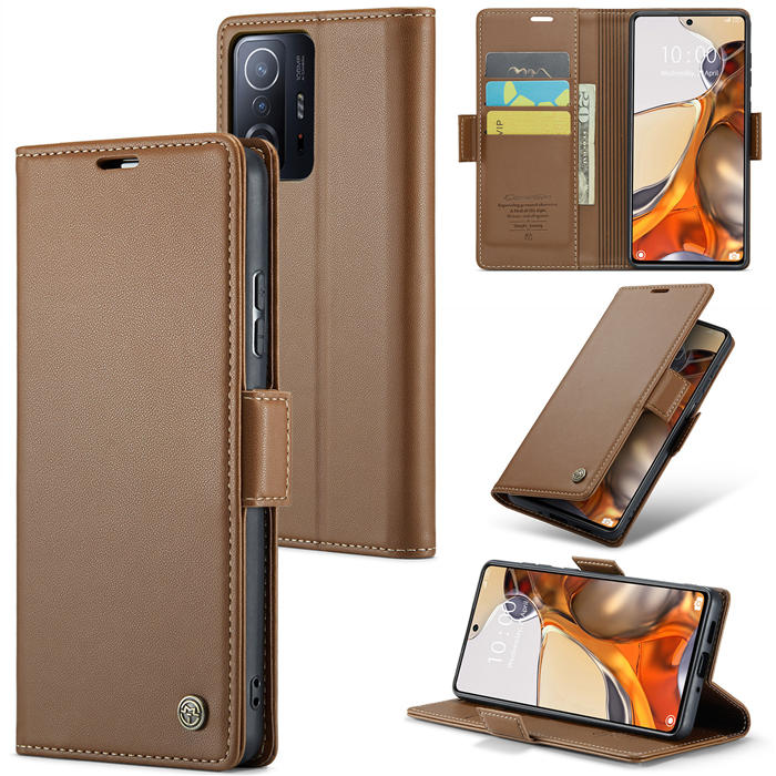 CaseMe Xiaomi 11T/11T Pro Wallet RFID Blocking Magnetic Buckle Case Brown - Click Image to Close