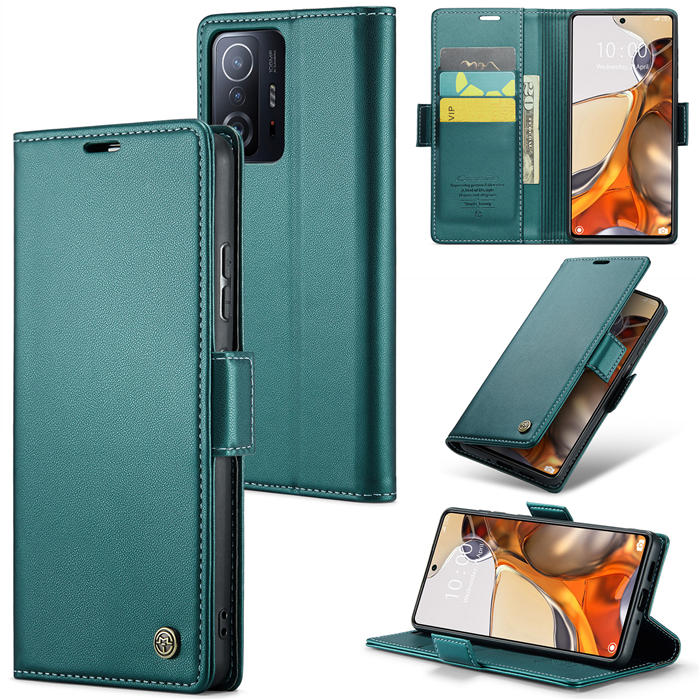 CaseMe Xiaomi 11T/11T Pro Wallet RFID Blocking Magnetic Buckle Case Green - Click Image to Close