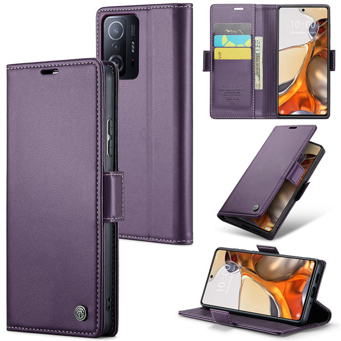 CaseMe Xiaomi 11T/11T Pro Wallet RFID Blocking Magnetic Buckle Case Purple - Click Image to Close