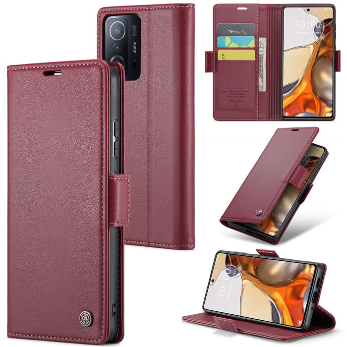 CaseMe Xiaomi 11T/11T Pro Wallet RFID Blocking Magnetic Buckle Case Red - Click Image to Close