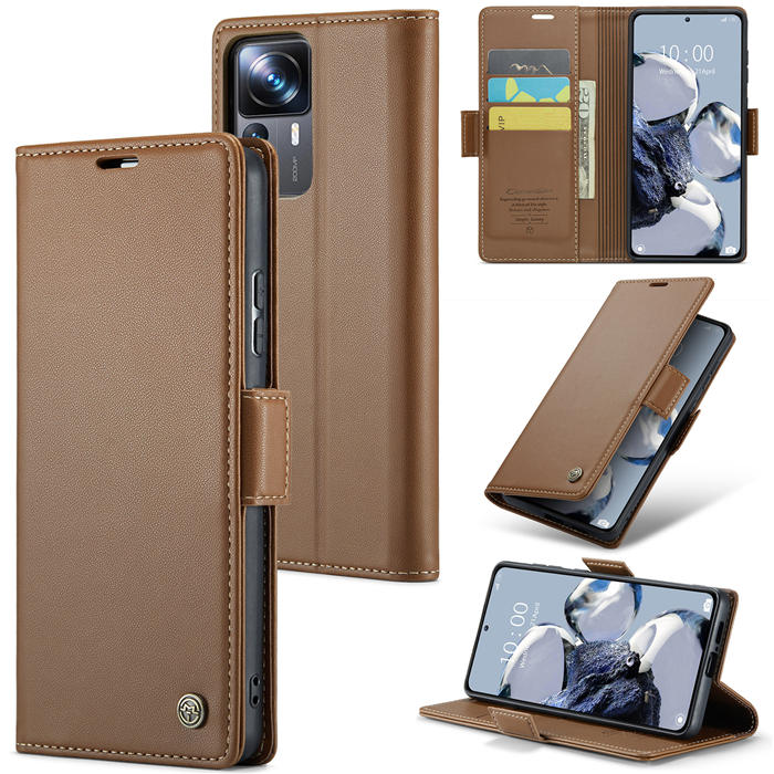 CaseMe Xiaomi 12T/12T Pro Wallet RFID Blocking Magnetic Buckle Case Brown - Click Image to Close
