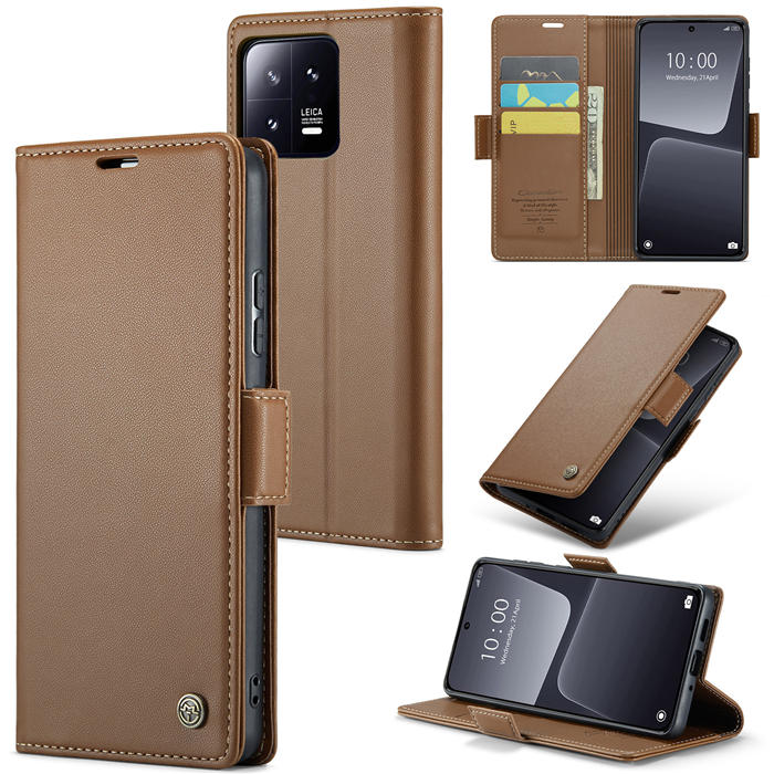 CaseMe Xiaomi 13 Wallet RFID Blocking Magnetic Buckle Case Brown - Click Image to Close
