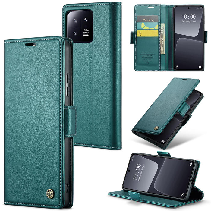 CaseMe Xiaomi 13 Wallet RFID Blocking Magnetic Buckle Case Green - Click Image to Close