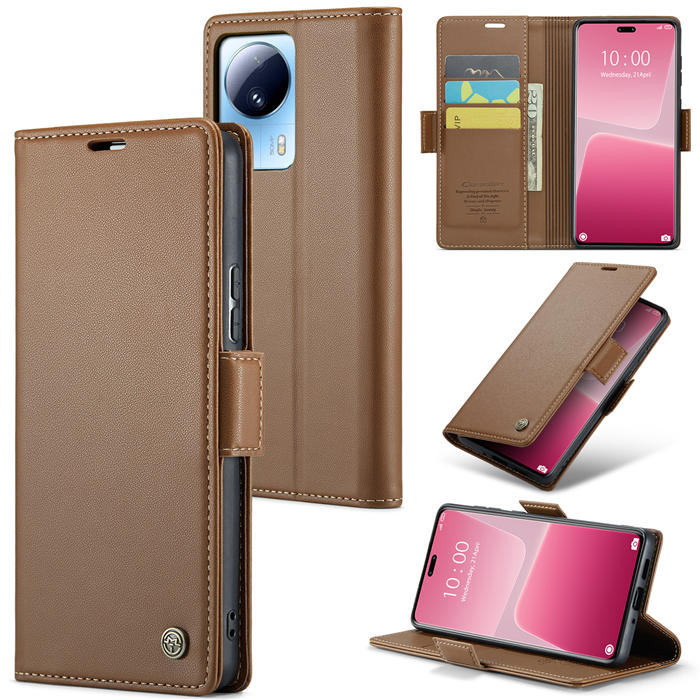CaseMe Xiaomi 13 Lite Wallet RFID Blocking Magnetic Buckle Case Brown - Click Image to Close