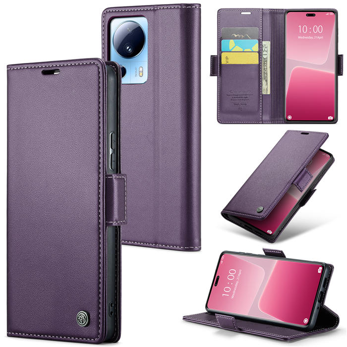 CaseMe Xiaomi 13 Lite Wallet RFID Blocking Magnetic Buckle Case Purple - Click Image to Close