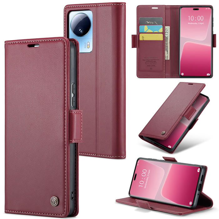 CaseMe Xiaomi 13 Lite Wallet RFID Blocking Magnetic Buckle Case Red - Click Image to Close