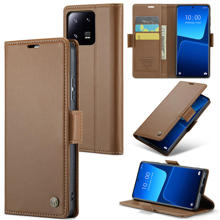 CaseMe Xiaomi 13 Pro Wallet RFID Blocking Magnetic Buckle Case Brown - Click Image to Close